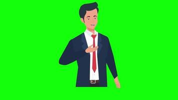 Business man cartoon character talking 4k animation green screen background video