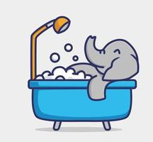 lindo elefante toma un baño con un jabón de ducha. animal plana caricatura estilo ilustración icono premium vector logo mascota adecuado para diseño web banner carácter