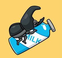 lindo escarabajo rinoceronte abrazando una leche. ilustración aislada del concepto de comida animal de dibujos animados. estilo plano adecuado para el vector de logotipo premium de diseño de icono de etiqueta. personaje mascota