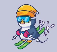 lindo pingüino jugando a patinar. ilustración animal de dibujos animados aislados. vector de logotipo premium de diseño de icono de etiqueta de estilo plano. personaje mascota