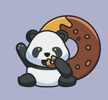 lindo bebé panda comiendo donuts con sabor a chocolate con donuts gigantes. ilustración aislada del concepto de comida animal de dibujos animados. estilo plano adecuado para el vector de logotipo premium de diseño de icono de etiqueta. personaje mascota