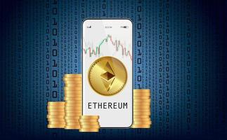 Trade ethereum cryptocurrency on your mobile phone through the Cryptocurrency system. Growth chart on binary code background. vector