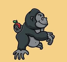 lindo bebé gorila joven sosteniendo un mono de manzana mono negro sosteniendo una rama de árbol. animal aislado dibujos animados estilo plano icono ilustración premium vector logo pegatina mascota