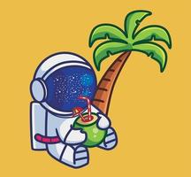 lindo astronauta bebiendo fruta de coco. dibujos animados viajes vacaciones vacaciones verano concepto aislado ilustración. estilo plano adecuado para el vector de logotipo premium de diseño de icono de etiqueta. personaje mascota