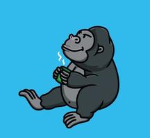 lindo animal gorila de dibujos animados bebiendo una taza de café. aislado estilo plano pegatina web diseño icono ilustración premium vector logo mascota carácter