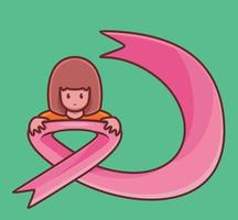 la chica con cáncer de mama abraza una cinta rosa. ilustración aislada del concepto de cáncer de mujer de dibujos animados. estilo plano adecuado para el diseño de iconos de pegatinas vector de logotipo premium