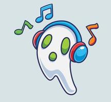 lindo fantasma escuchando música con auriculares. ilustración de halloween de dibujos animados aislados. estilo plano adecuado para el vector de logotipo premium de diseño de icono de etiqueta. personaje mascota
