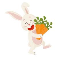 personaje de conejito. riendo divertido, feliz conejo de dibujos animados de pascua con zanahorias vector