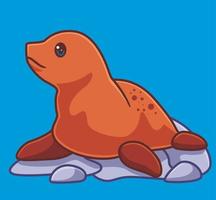 lindo animal de foca en el suelo con piedra. ilustración animal de dibujos animados aislados. vector de logotipo premium de diseño de icono de etiqueta de estilo plano. personaje mascota