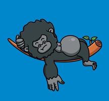 lindo bebé joven gorila durmiendo en la rama de un árbol mono mono negro. animal aislado dibujos animados estilo plano icono ilustración premium vector logo pegatina mascota