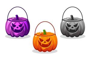 Orange empty pumpkin baskets. Halloween vector objects.