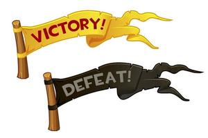 Victory and Defeat flag for Game, set flags to achieve or lose. Vector illustration of winner ribbon for graphic design.