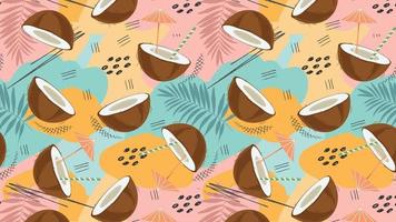 Coconut, cocktail, leaves and abstract elements on a horizontal background. Summery, tropical seamless pattern vector