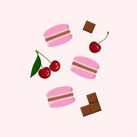 three french macarons on pink background. Colorful macarons with cherries and chocolate vector