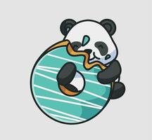 lindo panda comiendo donas. ilustración aislada del concepto de comida animal de dibujos animados. estilo plano adecuado para el vector de logotipo premium de diseño de icono de etiqueta. personaje mascota