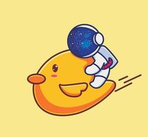 lindo astronauta montando pato amarillo gigante. dibujos animados viajes vacaciones vacaciones verano concepto aislado ilustración. estilo plano adecuado para el vector de logotipo premium de diseño de icono de etiqueta. personaje mascota