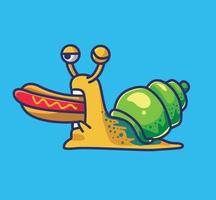 Cute hungry snail eating hotdog. Animal Isolated Cartoon Flat Style Icon illustration Premium Vector Logo Sticker Mascot