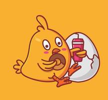 lindos pollitos comiendo donuts y bebiendo agua mientras su hermano sale del cascarón. animal dibujos animados aislado estilo plano pegatina web diseño icono ilustración premium vector logo mascota personaje