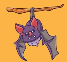 lindo murciélago vampiro acostado en la rama de un árbol. ilustración aislada del concepto de evento de halloween animal de dibujos animados. estilo plano adecuado para el vector de logotipo premium de diseño de icono de etiqueta. personaje mascota