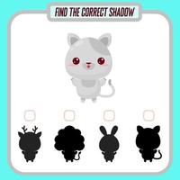 Find the right shadow. Cute cartoon cat. Educational game with animals. Logic games for children with an answer. A training card with a task for preschool and kindergarten children vector