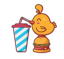 cute chink drinking a water cola and eating burger. Animal cartoon Isolated Flat Style Sticker Web Design Icon illustration Premium Vector Logo mascot character