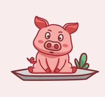 lindo cerdo sentarse y mirar frente al icono de ilustración vectorial aislado caricatura animal de estilo plano vector