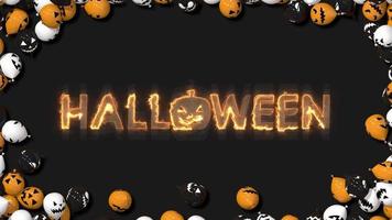 halloween-ballons, die von kanten hereinkommen, halloween-feuertexteffekt, 3d-rendering video