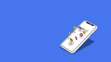 mídias sociais como ícones de coração e emoji voando para celular 3d, área em branco no lado esquerdo para projetar seu texto etc, renderização em 3d video