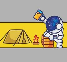 linda fogata de campamento de astronautas. dibujos animados viajes vacaciones vacaciones verano concepto aislado ilustración. estilo plano adecuado para el vector de logotipo premium de diseño de icono de etiqueta. personaje mascota