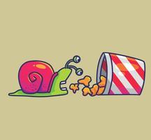 lindo caracol comiendo palomitas de maíz. animal dibujos animados aislado estilo plano pegatina web diseño icono ilustración premium vector logo mascota personaje