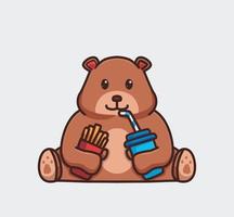 lindo oso grizzly comiendo papas fritas y bebiendo una cola. ilustración aislada del concepto de comida animal de dibujos animados. estilo plano adecuado para el vector de logotipo premium de diseño de icono de etiqueta. personaje mascota