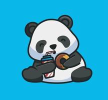 panda lindo de dibujos animados sosteniendo y comiendo un donut con una bebida. ilustración aislada del concepto de comida animal de dibujos animados. estilo plano adecuado para el vector de logotipo premium de diseño de icono de etiqueta. personaje mascota