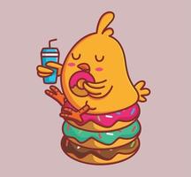 cute chicks eating pile donuts and drink cola. animal flat cartoon style illustration icon premium vector logo mascot suitable for web design banner character