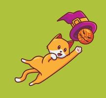cute cat playing hat wizard. Isolated cartoon animal Halloween illustration. Flat Style suitable for Sticker Icon Design Premium Logo vector. Mascot character