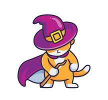 cute cat wizard with a stick and cape. Isolated cartoon animal Halloween illustration. Flat Style suitable for Sticker Icon Design Premium Logo vector. Mascot character vector