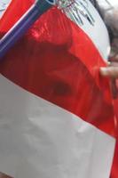 photo of a small child holding a red and white flag made of plastic