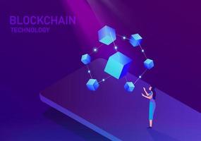 Blockchain technology concept, woman has experience in future technology connecting blockchain digital Cryptocurrency on smartphone vector illustration