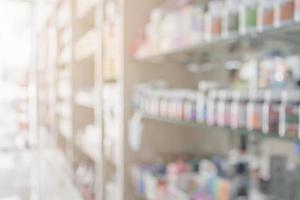 Pharmacy blur background with medicine on shelves photo