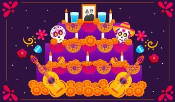 Traditional altar for dia de los muertos with musical instruments and merigolds, sugar skulls with floral elements, festival banner design in cartoon style, celebration day of death vector