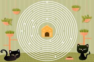 Riddle for kids in cartoon style with colourful black cat character, help to find right way to food vector