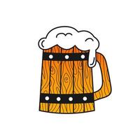 Doodle woden mug of craft beer for beer menu design or symbol for brewery ioslated on white background, ale drink with foamin cartoon style in black and yellow colors vector