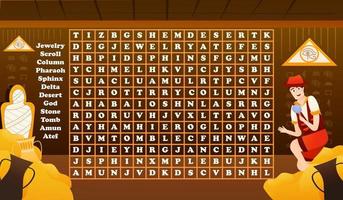 Ancient egypt word search riddle for kids with boy archeologist inside pyramide and mummy vector