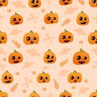 Cute pumpkin face seamless pattern on light background with bats and bones, halloween ornate for wrapping paper or textile, colourful motif in cartoon style for kids vector