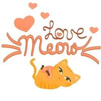 Meow cat lettering with pet character in cartoon style playing for kids posters or textile, animal lover concept vector