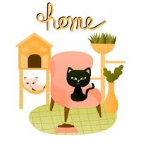 Cat house concept with hand drawn home lettering isolated on white background, kitten sitting in armchair vector