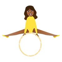 Cute african girl practicing handstand on hoop, little flexible gymnast doing strentching exercises, rhytmic pose for posters in cartoon style on white background vector