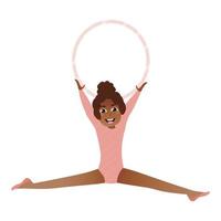 Cute african girl playing with hoop, little gymnast doing twine, preparing for competition, spending time with fun, kids sport activity in cartoon style on white background vector