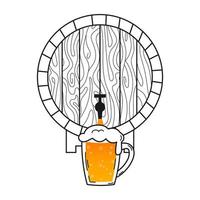 barril de madera con cerveza y taza de vidrio og cerveza en estilo dibujado a mano aislado sobre fondo blanco para el diseño de cervecería o menú de alcohol vector