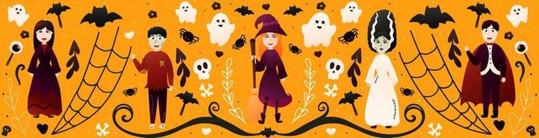 Halloween banner with cute lids in different spooky costumes on orange background with bats, skulls and spiders, horisontal greeting card with vampire, witch and ghosts in cartoon style vector