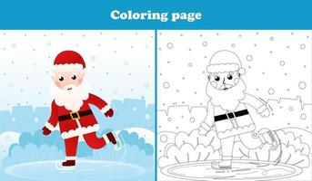 Christmas coloring page with santa claus character ice skating, printable worksheet for kid in cartoon style, winter holidays activity